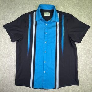 Royaura Hawaiian Mens Button Up Shirt Black Blue Stripe Short Sleeve Size L